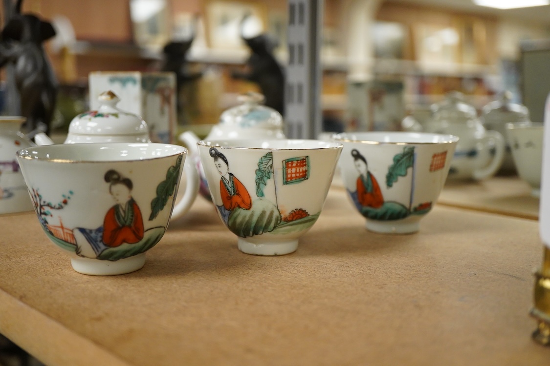 A collection of late 19th century Chinese famille wares to include a water pot, two teapots, and a square brushpot, together three Republic period tea bowls, largest 9cm high